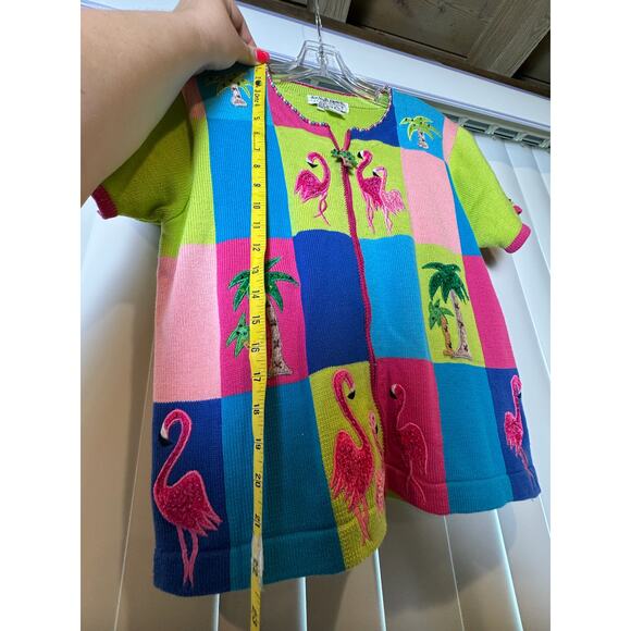 Vintage Jack B Quick Cardigan Sweater Flamingos & Palm Trees Short Sleeve ZipUp - Picture 15 of 16